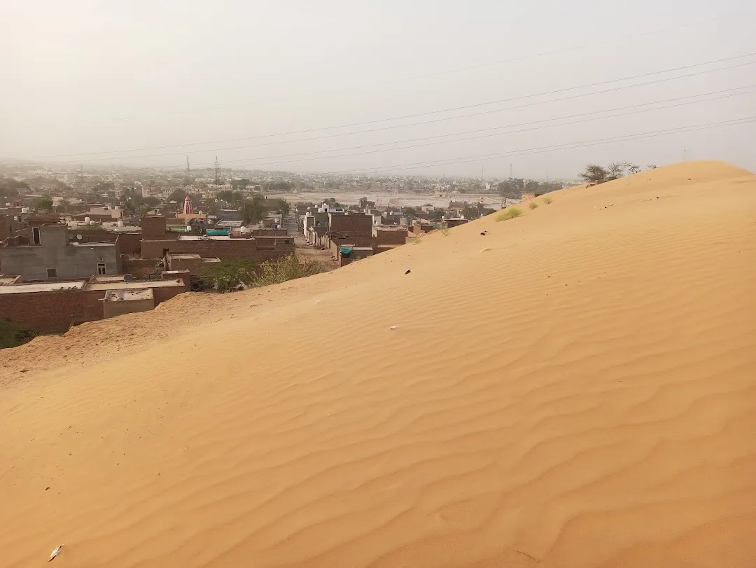 "Tourists enjoying Suratgarh desert adventures on sand dunes at sunset"